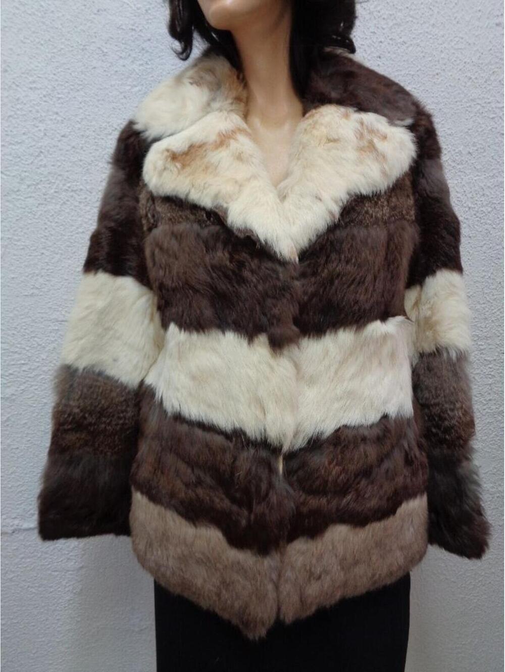 PRE-OWNED BROWN & WHITE RABBIT FUR JACKET COAT WOMEN WOMAN SIZE 4 PETITTE